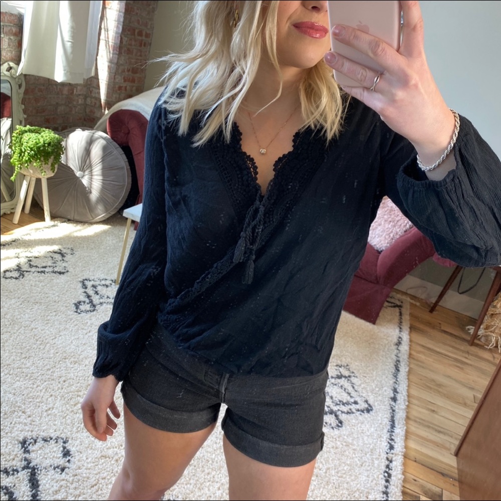 Hollister navy blue lace tie front shirt top - Picture 4 of 7